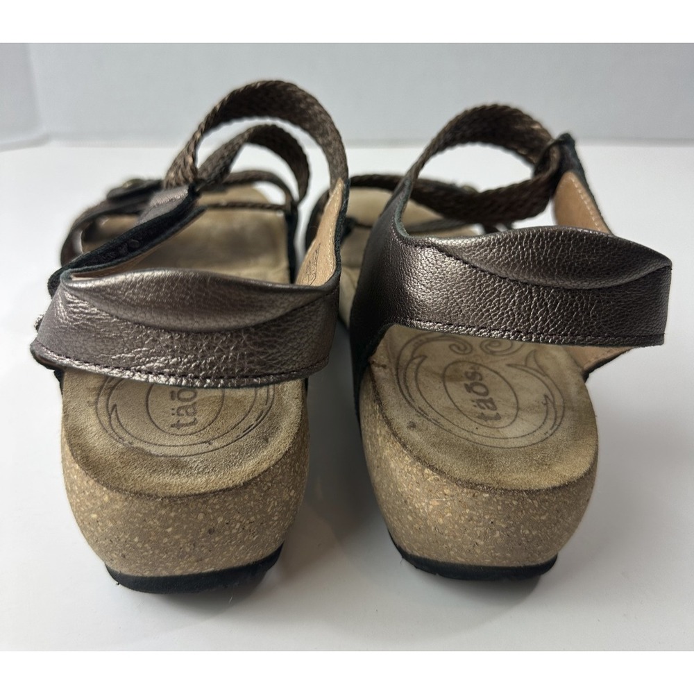 Taos Trulie Sandals Pewter Metallic Leather Woven Strappy Hook Loop Size 7 - 7.5 - Picture 14 of 16